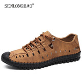 Summer Men's sandals Leather Breathable Beach Slippers Shoes Lace-up Outdoor Mart Lion   