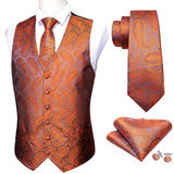 Barry Wang Men's Suit Vest Orange Paisley Waistcoat Silk Tailored Collar V-neck Check Vest Tie Set Formal Leisure M-2042 Mart Lion M-2042 S 