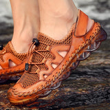 Summer Mesh Men's Sandals Breathable Genuine Leather Casual Shoes Handmade Outdoor Slippers Beach Mart Lion   