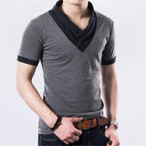 Summer Men's T-Shirts Slim Short Sleeve Patchwork V Neck Cotton Black Button Tops Tees Mart Lion   