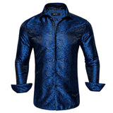Hi-Tie Navy Blue Gold Paisley Floral Men's Silk Shirt Long Sleeve Casual Shirt Jacquard Party Wedding Dress MartLion CY-1020 S 