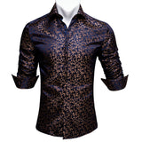 Luxury Blue Shirts Men's Solid Satin Embroidered Paisley Flower Long Sleeve Slim Fit Blouses Casual Lapel Tops Barry Wang MartLion   