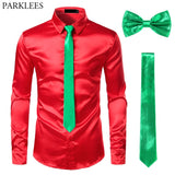 Black Men's Silk Dress Shirts 3Pcs(Shirt +Tie+Bowtie) Smooth Satin Slim Fit Party Prom Casual Social Camisa Mart Lion   