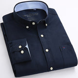 Men's Long Sleeve Oxford Plaid Striped Casual Shirt Front Patch Chest Pocket Regular-fit Button-down Collar Thick Work Shirts Mart Lion Navy Blue 40 