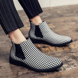 Men's Ankle Boots Houndstooth Chelsea Dress Shoes Leather Pointed Toe Casual Party Mart Lion   