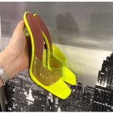 Star style Transparent PVC Women Slippers Square toe Cup heeled Summer Mules Slides High heels Sandals Shoes MartLion   