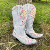 Mixed Color Knee-high Great Women Shoes Embroider Western Boots MartLion   