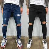 Men Jeans Knee Hole Ripped Stretch Skinny Denim Pants Solid Color Black Blue Summer MartLion   