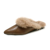 Women Furry Slippers Autumn Pointed Toe Mules Ladies Warm Fur Casual Flats Shoes Footwear MartLion Khaki 40 