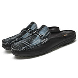 Men's Mules Genuine Leather Casual Shoes Slippers Luxury Footwear Grid Lattice Black Mart Lion Black 35 