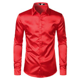 Men's Black Satin Luxury Dress Shirts Silk Smooth Tuxedo Slim Fit Wedding Party Prom Casual Chemise Homme MartLion LC17 Red US Size S 