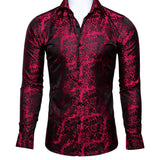 Barry Wang Luxury Red Paisley Silk Shirts Men's Long Sleeve Casual Flower Shirts Designer Fit Dress MartLion 0028 S 