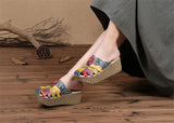 Summer Hollow Handmade Shoes Women Slides Genuine Leather Cover Toes Flower Women's Platform Wedges Slippers MartLion   