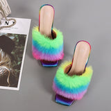 Summer Woman Pumps Transparent Perspex High Heels Color Feather Fur Peep Toe Mules Slippers Ladies Slides Shoes Sandals Mart Lion   