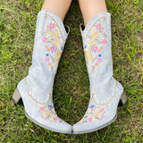 Mixed Color Knee-high Great Women Shoes Embroider Western Boots MartLion   