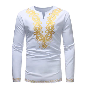 White Dashiki Print T Shirt Men's Autumn Streetwear Casual Clothes Slim Fit Long Sleeve Camisa Masculina MartLion   