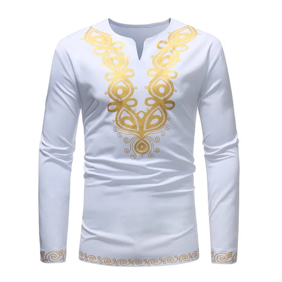  White Dashiki Print T Shirt Men's Autumn Streetwear Casual Clothes Slim Fit Long Sleeve Camisa Masculina MartLion - Mart Lion