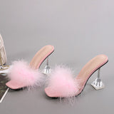 Summer Woman Pumps Transparent Perspex High Heels Color Feather Fur Peep Toe Mules Slippers Ladies Slides Shoes Sandals Mart Lion   