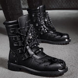 Winter Men's Motorcycle Boots Mid-Calf Rock Punk Shoes Genuine Leather Black High top Casual Mart Lion   