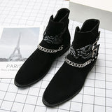 Men's Suede Ankle Boots Dress Shoes Leather Buckle Strap Flats Pointed Toe Motorcycle Casual Party Footwear Mart Lion   