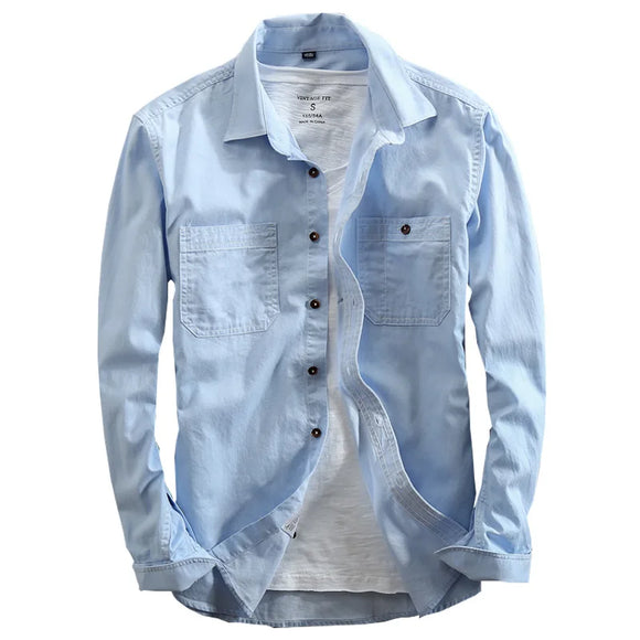 Men's Jeans Shirt Pure Cotton Slim Fit Long Sleeve Male Dress Shirts Denim Casual Clothing Two Chest Pocket MartLion   