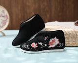 Veowalk Lotus Embroidered Women Cotton Mid-top Shoes with Warm Fleece Lining Winter Chic Elegant Ladies Jacquard Flat Platforms MartLion   