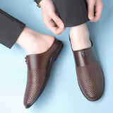 Men's Mules Shoes Slip on Loafers Leather Slippers Hollow Out Casual Luxury Driving Sandal Brown Black White Mart Lion   