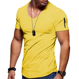 Men's V-neck T-shirt Fitness Bodybuilding High Street Summer Short-Sleeved Zipper Casual Cotton Top Mart Lion Yellow M 