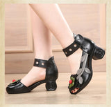 Genuine Leather Retro Style Chunky Heel Sandals Flower Open Toe Handmade Women High-Heeled Shoes MartLion   