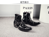 Pointed Toe Men's Black Ankle Boots Trending Buckle Patent Leather Zapatos  Loafers Casual Mart Lion   
