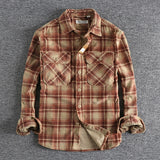 Plaid Woven Corduroy Men Shirts  Cotton  Heavy Washed Workwear Retro Western Style Casual MartLion   