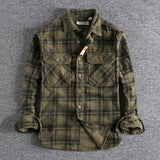 Plaid Woven Corduroy Men Shirts  Cotton  Heavy Washed Workwear Retro Western Style Casual MartLion   