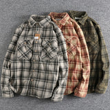 Plaid Woven Corduroy Men Shirts  Cotton  Heavy Washed Workwear Retro Western Style Casual MartLion   