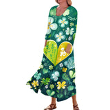 Long Dresses Delicate St Patrick's Day Print Mid-Calf For Woman O-Neck 3/4 Sleeves Ladies Frocks MartLion Green XXXL United States