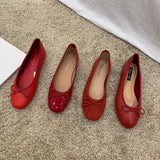 Retro Ultra-soft Women Shoes Spring Bow Red Flat Sole Single Shoe Leisure Leather Ballet MartLion   