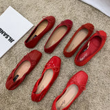 Retro Ultra-soft Women Shoes Spring Bow Red Flat Sole Single Shoe Leisure Leather Ballet MartLion   