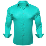 Designer Shirts Men's Silk Satin Dark Green Teal Solid Long Sleeve Button Down Collar Blouses Slim Fit Tops Barry Wang MartLion 0670 S 