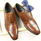 British Style Men's Summer Brogue Leather Shoes Casual Retro Hand-carved Dress Pointed Genuine Leather MartLion   