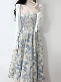 Dress Women Chic French Style Blue Oil Painting Skirt  Floral Waist-fitted Tank Frock Long Sling For Female MartLion   