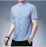 Men's Short-sleeved Seasonal Shirt with Stand Collar Linen Casual Daily Large Pocket Stand Collar Half Sleeve Shirt MartLion   