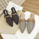 Pointed flat bottomed sandals for women wearing summer rhinestone wrapped lazy half slippers MartLion   