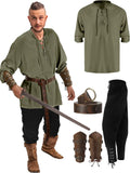 4 Pcs Halloween Men's Renaissance Set Medieval Pirate Shirt Ankle Banded Pants Viking Belt Accessories MartLion green black XXXL 