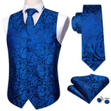 Rose Red Men's Wedding Suit Vest Blue Floral Jacquard Folral Silk Waistcoat Vests Handkerchief Tie Vest Suit Set Barry Wang Design Mart Lion BM-2091 L 