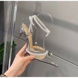 Clear Plexiglass Women Sandals Crystal Pearls Ankle Strap High heels Gladiator Spring Summer Party Prom Shoes MartLion   