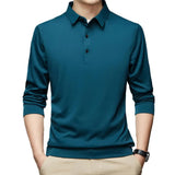 Buttons Neckline Long Sleeve Solid Color Men's Shirt Autumn Slim Fit Lapel Office Pullover Top MartLion Atrovirens M 
