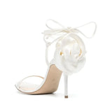 Women's Round Toe Slender High Heel Silk Rose Heel Strap Large Slotted Sandals Occidental Show Banquet Shoes MartLion W282-white 36 