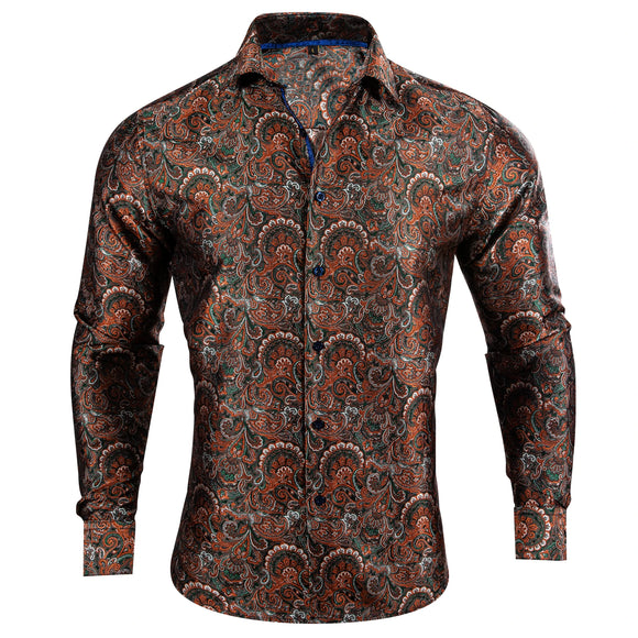  Designer Brown Men's Shirt Printed Embroidered Lapel Long Sleeve Retro Four Seasons Fit Party Barry Wang MartLion - Mart Lion