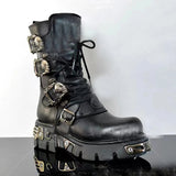 Men's Genuine Leather Motorcycle Boots Gothic Skull Punk Boots Unisex Mid-calf Cowboy Boots Metallic Combat MartLion   