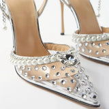 Luxury Rhinestones Pearls Transparent PVC Women Pumps Ankle Strap Bridal Thin High heels Summer Wedding Party Shoes MartLion   