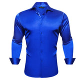 Luxury Blue Shirts Men's Solid Satin Embroidered Paisley Flower Long Sleeve Slim Fit Blouses Casual Lapel Tops Barry Wang MartLion   